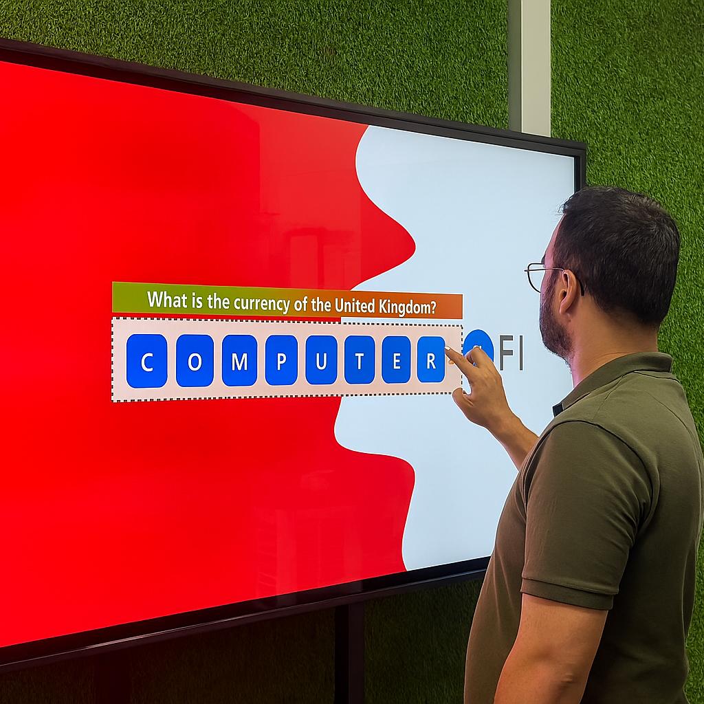 Guest playing word scramble game on large touchscreen at Dubai event with branded graphics and green artificial grass wall background.